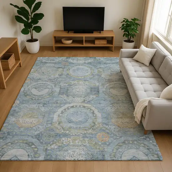 Blue Gold And Gray Mosaic Washable Area Rug With UV Protection Photo 3