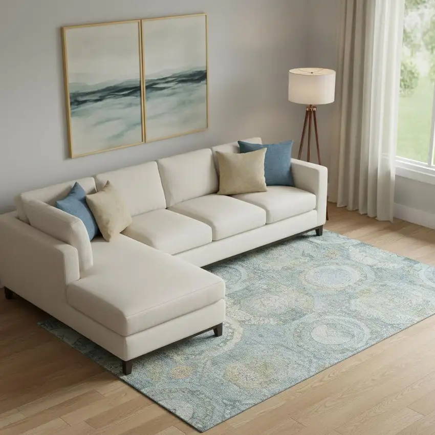 Blue Gold And Gray Mosaic Washable Area Rug With UV Protection Photo 2