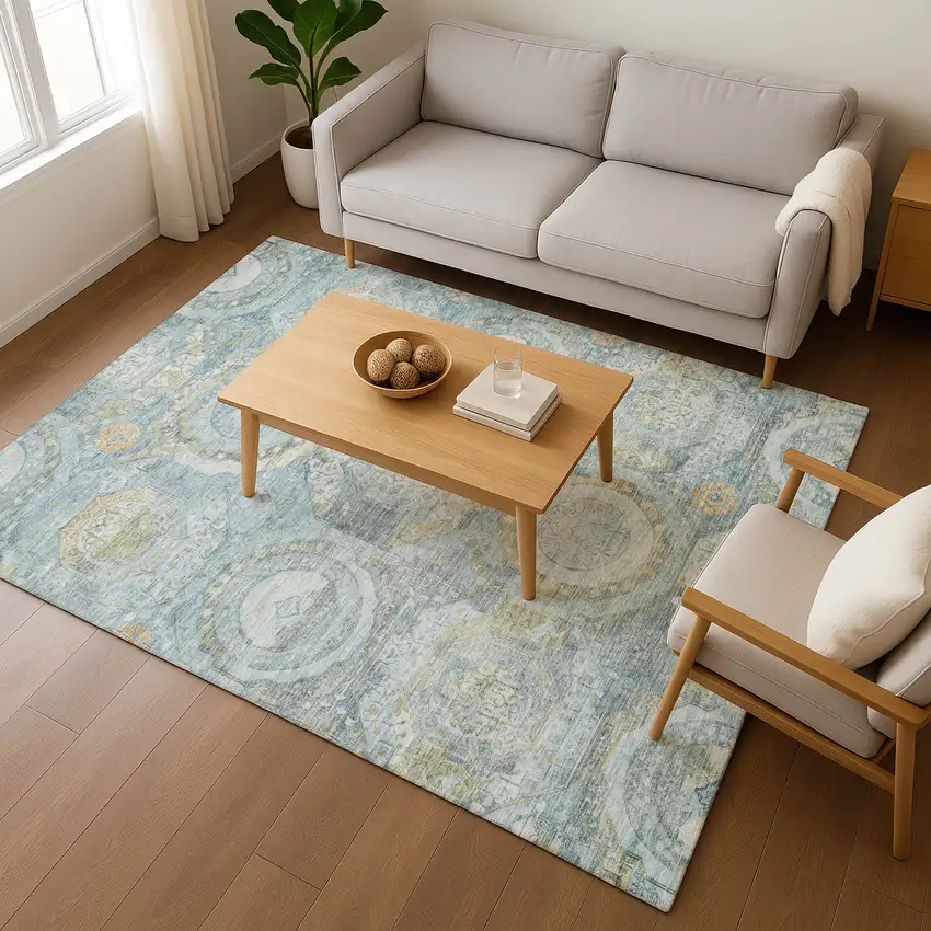 Blue Gold And Gray Mosaic Washable Area Rug With UV Protection Photo 5