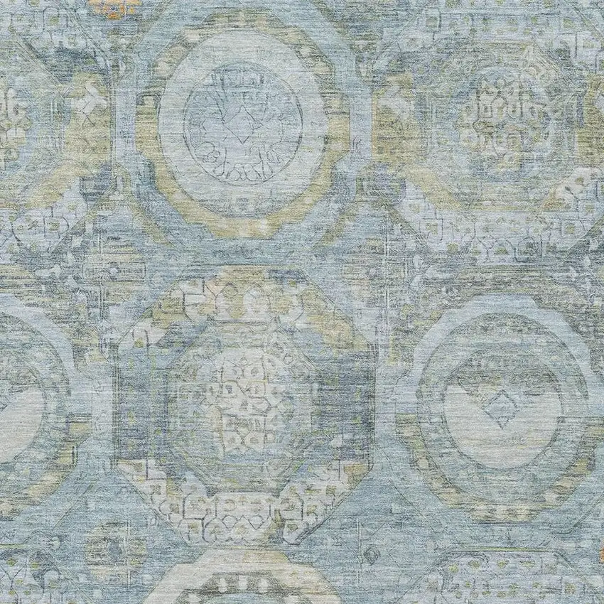 Blue Gold And Gray Mosaic Washable Area Rug With UV Protection Photo 2