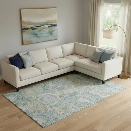 Blue Gold And Gray Mosaic Washable Area Rug With UV Protection Photo 2