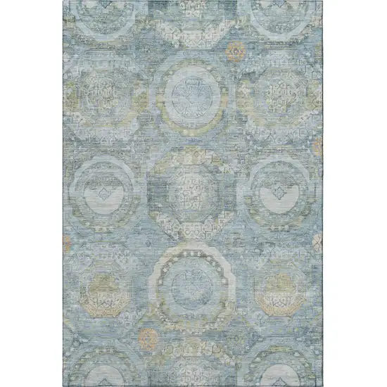 Blue Gold And Gray Mosaic Washable Area Rug With UV Protection Photo 3