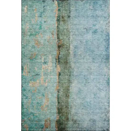 Blue Gold And Green Abstract Washable Area Rug With UV Protection Photo 2