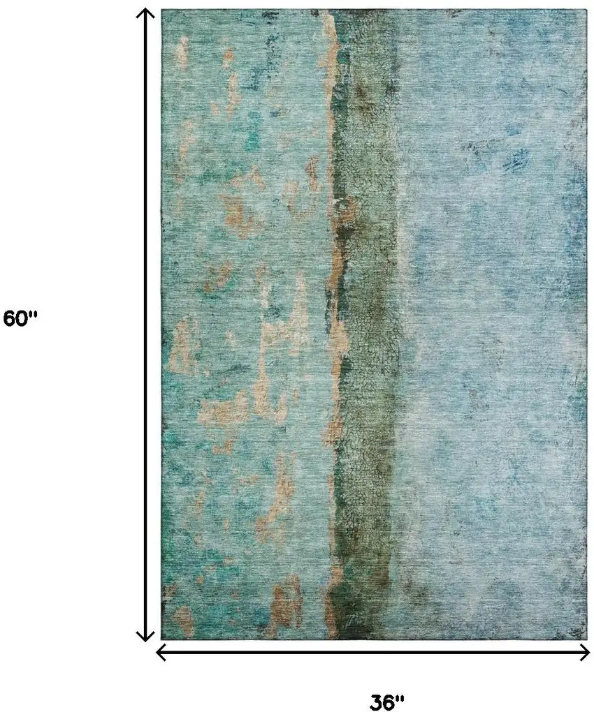 Blue Gold And Green Abstract Washable Area Rug With UV Protection Photo 3