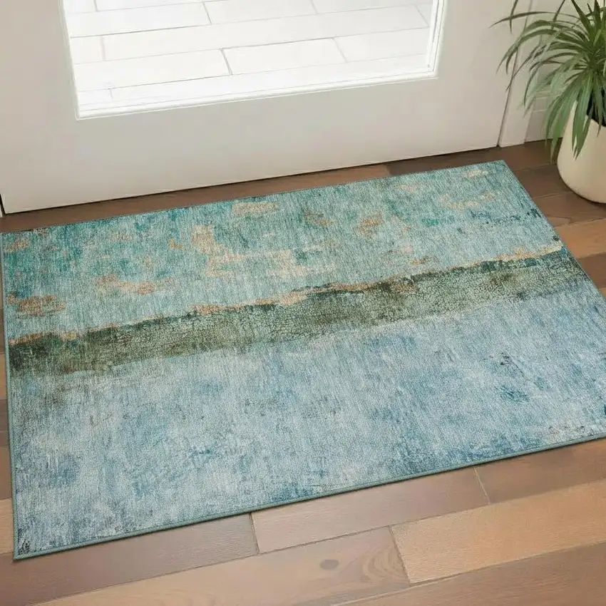 Blue Gold And Green Abstract Washable Area Rug With UV Protection Photo 1