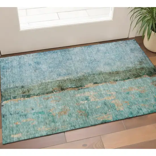 Blue Gold And Green Abstract Washable Area Rug With UV Protection Photo 1