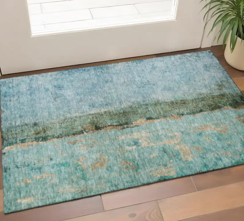 Blue Gold And Green Abstract Washable Area Rug With UV Protection Photo 1