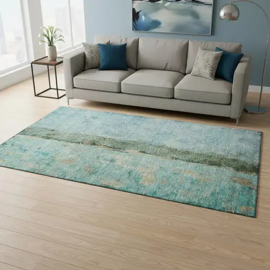 Blue Gold And Green Abstract Washable Area Rug With UV Protection Photo 2