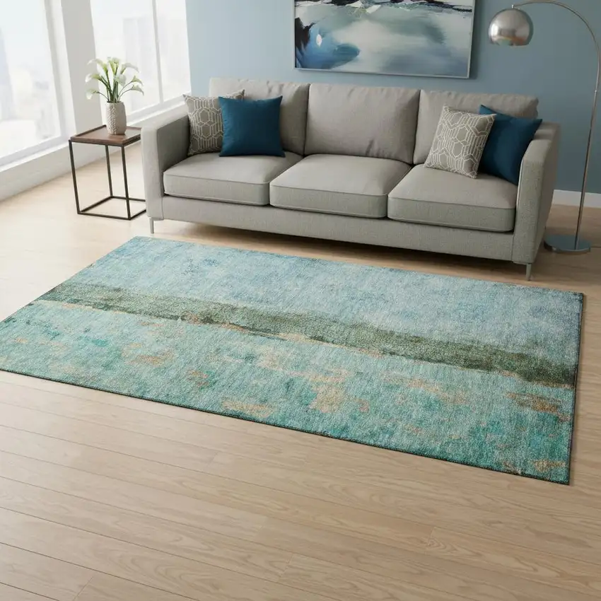 Blue Gold And Green Abstract Washable Area Rug With UV Protection Photo 2