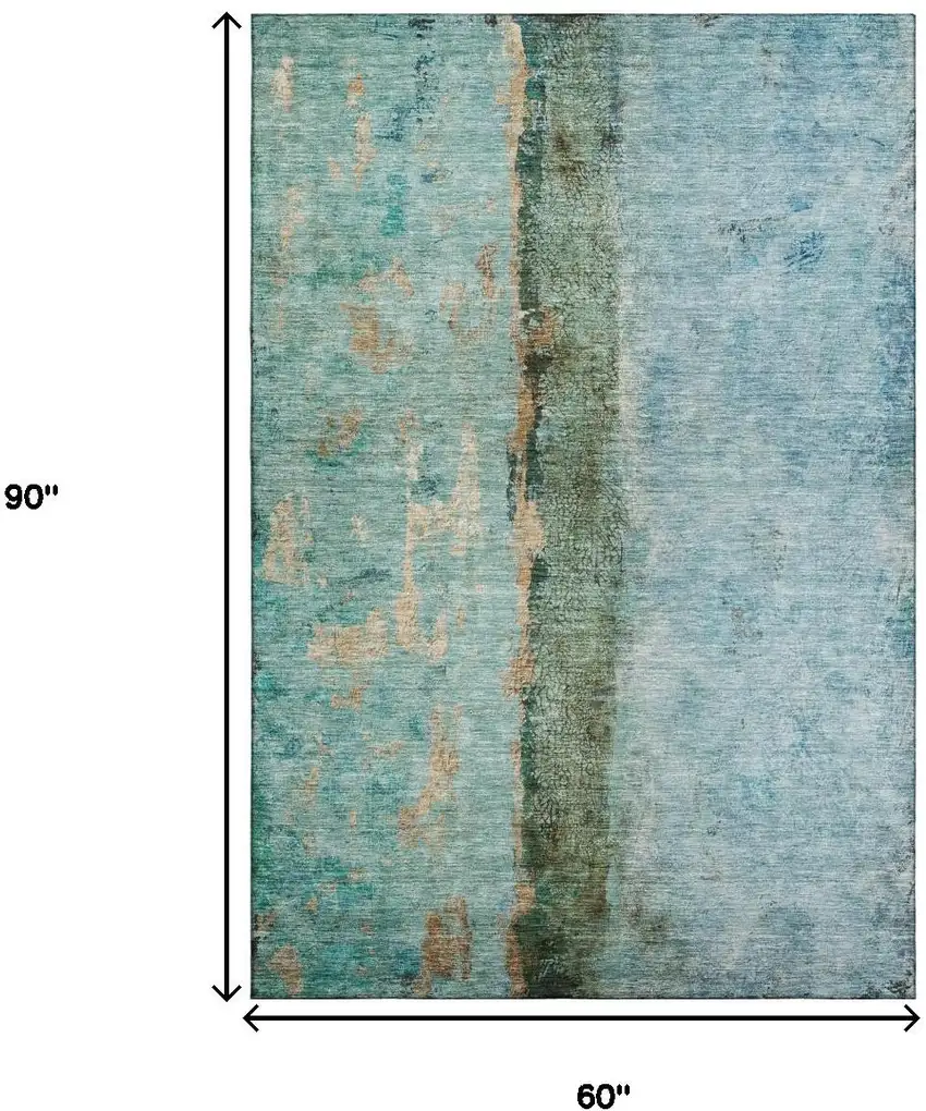 Blue Gold And Green Abstract Washable Area Rug With UV Protection Photo 5