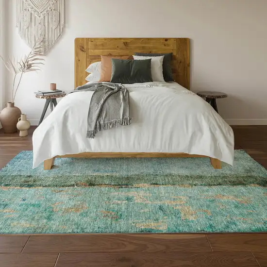 Blue Gold And Green Abstract Washable Area Rug With UV Protection Photo 4