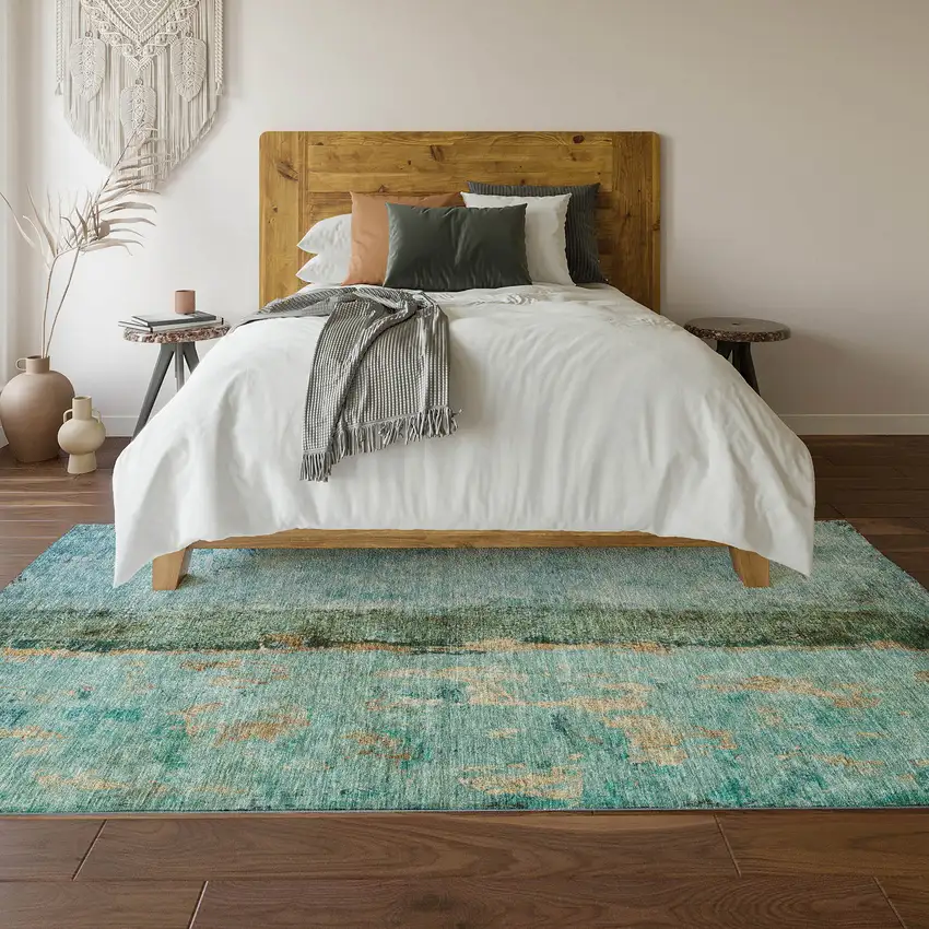 Blue Gold And Green Abstract Washable Area Rug With UV Protection Photo 4