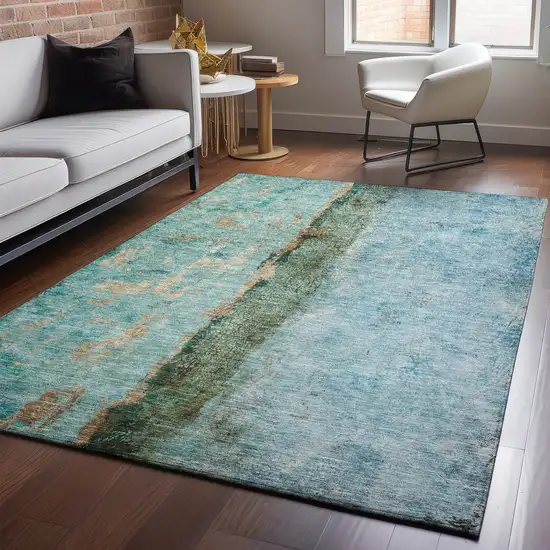 Blue Gold And Green Abstract Washable Area Rug With UV Protection Photo 3