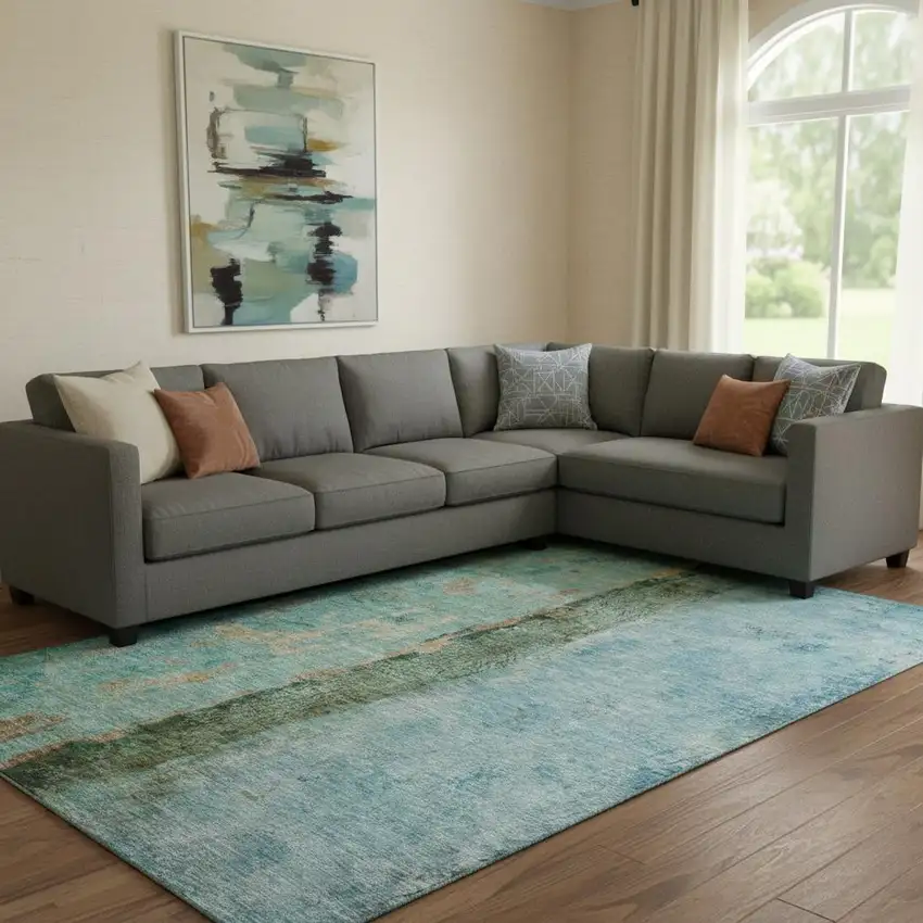 Blue Gold And Green Abstract Washable Area Rug With UV Protection Photo 1