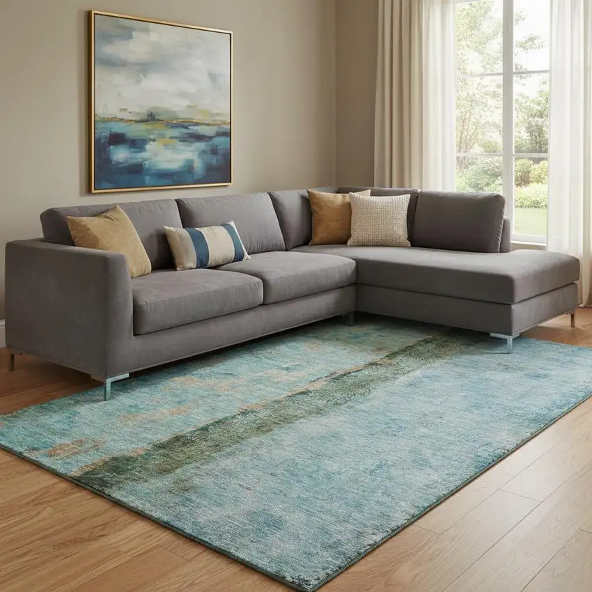 Blue Gold And Green Abstract Washable Area Rug With UV Protection Photo 1