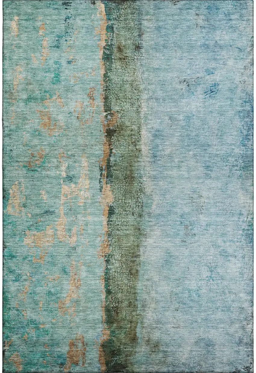 Blue Gold And Green Abstract Washable Area Rug With UV Protection Photo 1