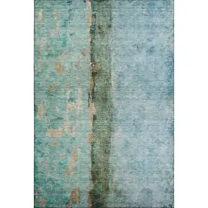 Photo of Blue Gold And Green Abstract Washable Area Rug With UV Protection