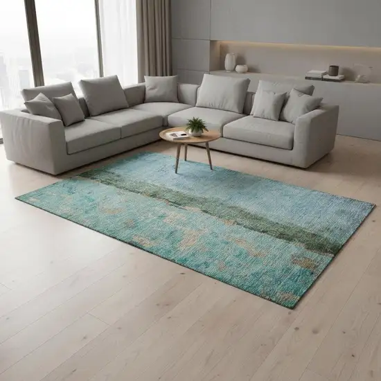 Blue Gold And Green Abstract Washable Area Rug With UV Protection Photo 2