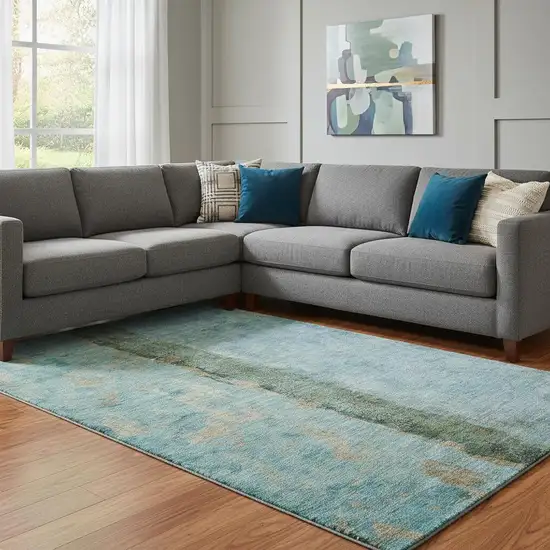 Blue Gold And Green Abstract Washable Area Rug With UV Protection Photo 2