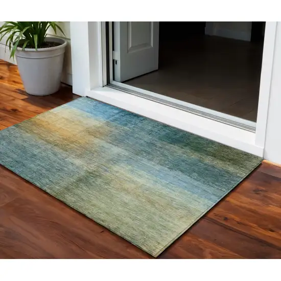 Blue Gold And Green Abstract Washable Indoor Outdoor Area Rug Photo 1