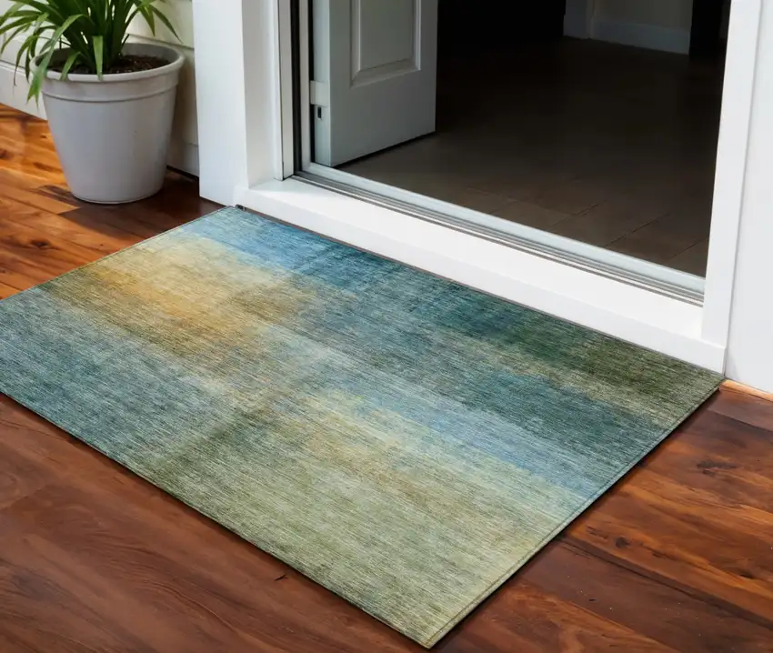 Blue Gold And Green Abstract Washable Indoor Outdoor Area Rug Photo 1