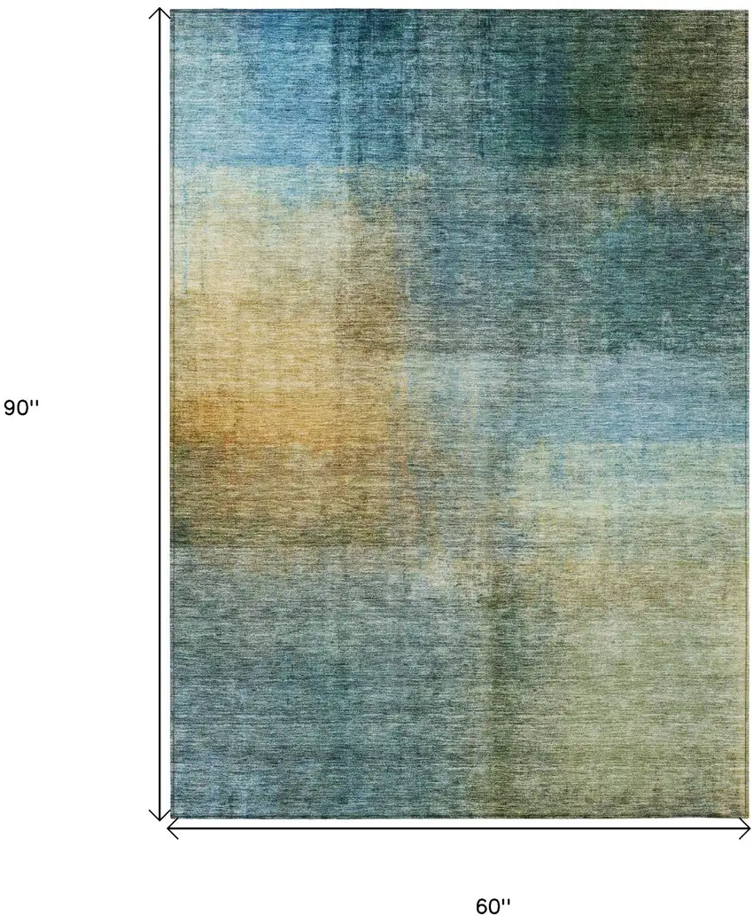 Blue Gold And Green Abstract Washable Indoor Outdoor Area Rug Photo 6