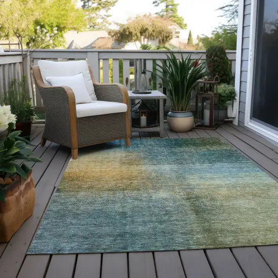 Blue Gold And Green Abstract Washable Indoor Outdoor Area Rug Photo 9