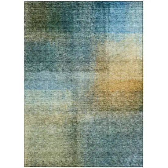 Blue Gold And Green Abstract Washable Indoor Outdoor Area Rug Photo 6