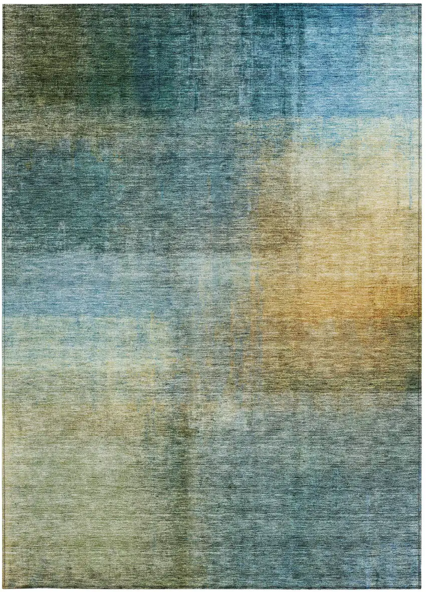 Blue Gold And Green Abstract Washable Indoor Outdoor Area Rug Photo 6