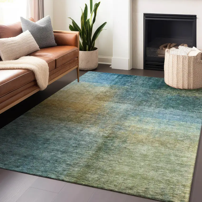Blue Gold And Green Abstract Washable Indoor Outdoor Area Rug Photo 8