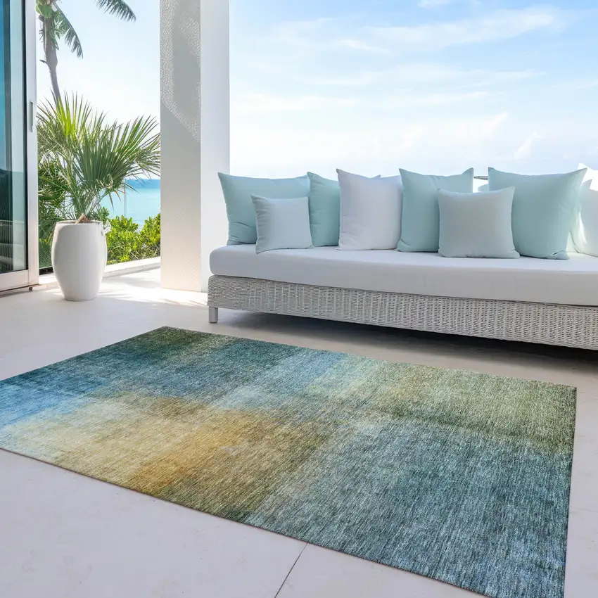 Blue Gold And Green Abstract Washable Indoor Outdoor Area Rug Photo 7