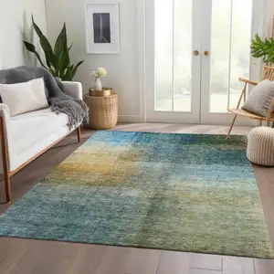Photo of Blue Gold And Green Abstract Washable Indoor Outdoor Area Rug