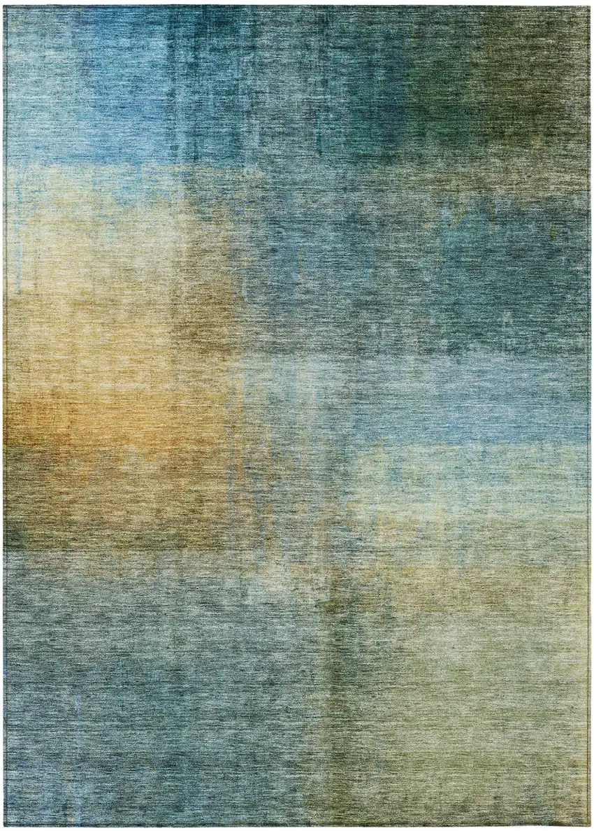 Blue Gold And Green Abstract Washable Indoor Outdoor Area Rug Photo 2