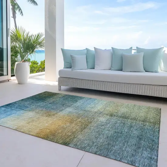 Blue Gold And Green Abstract Washable Indoor Outdoor Area Rug Photo 7