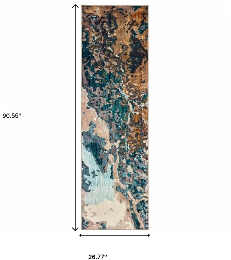 Blue Gold And Grey Abstract Power Loom Stain Resistant Runner Rug Photo 4