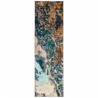 Photo of Blue Gold And Grey Abstract Power Loom Stain Resistant Runner Rug