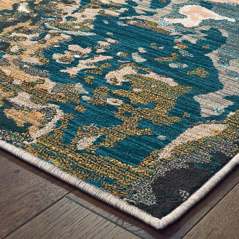 Blue Gold And Grey Abstract Power Loom Stain Resistant Runner Rug Photo 2