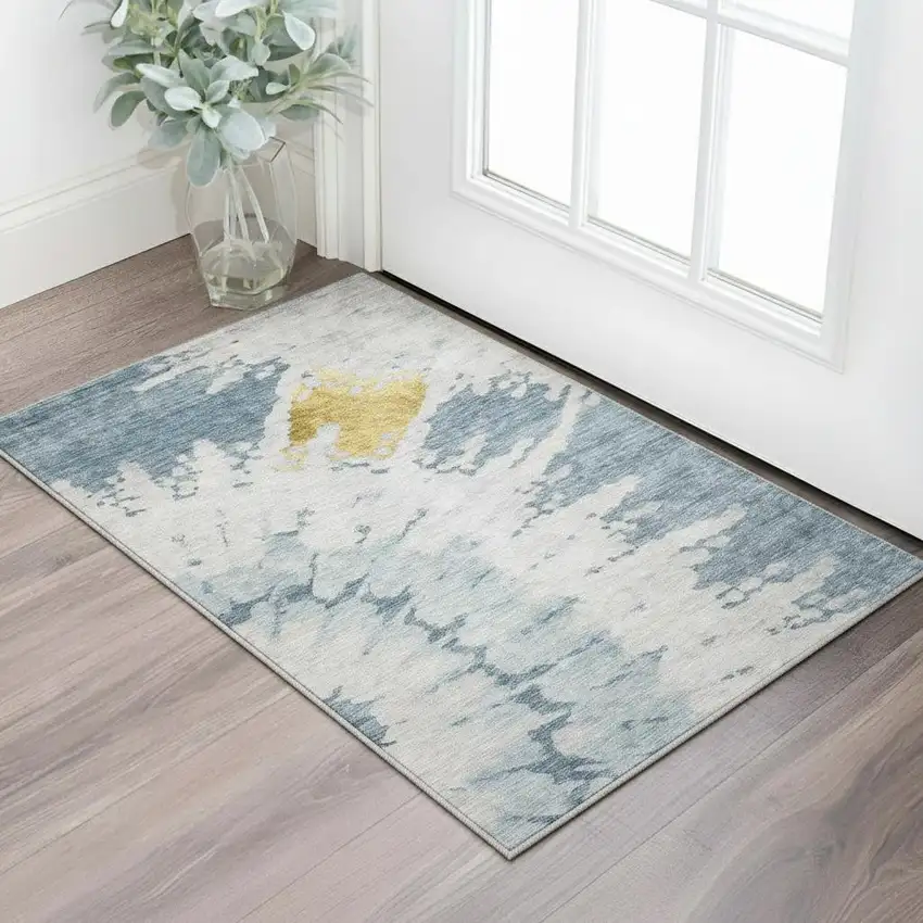 Blue Gold And Ivory Abstract Washable Area Rug With UV Protection Photo 2