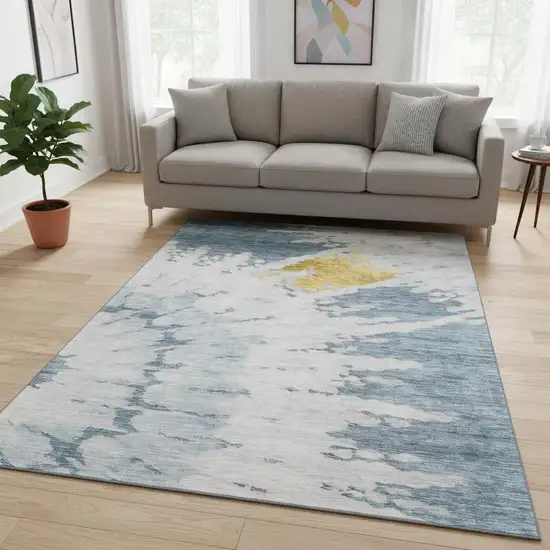 Blue Gold And Ivory Abstract Washable Area Rug With UV Protection Photo 2