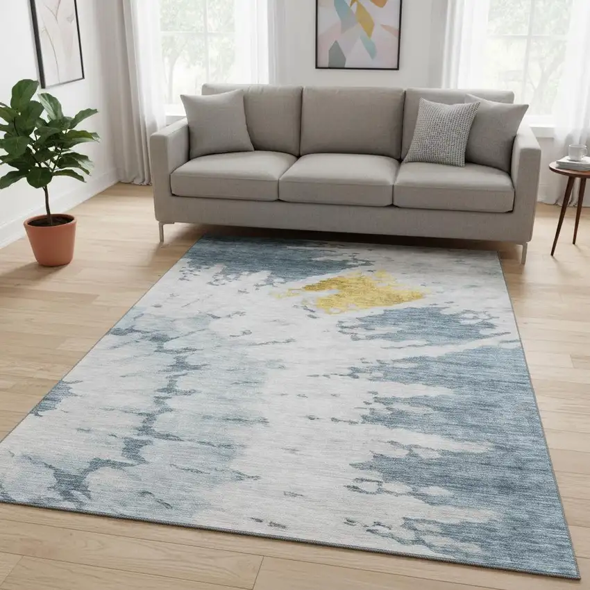 Blue Gold And Ivory Abstract Washable Area Rug With UV Protection Photo 2