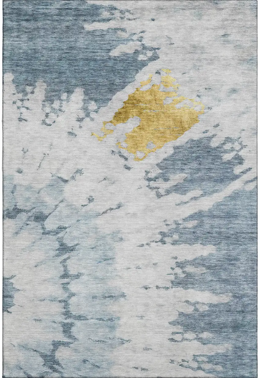 Blue Gold And Ivory Abstract Washable Area Rug With UV Protection Photo 1