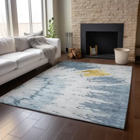 Blue Gold And Ivory Abstract Washable Area Rug With UV Protection Photo 4