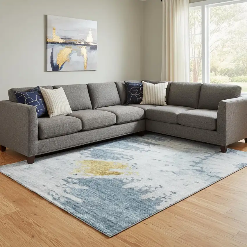 Blue Gold And Ivory Abstract Washable Area Rug With UV Protection Photo 1