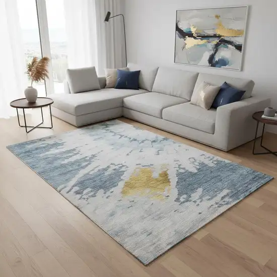 Blue Gold And Ivory Abstract Washable Area Rug With UV Protection Photo 2