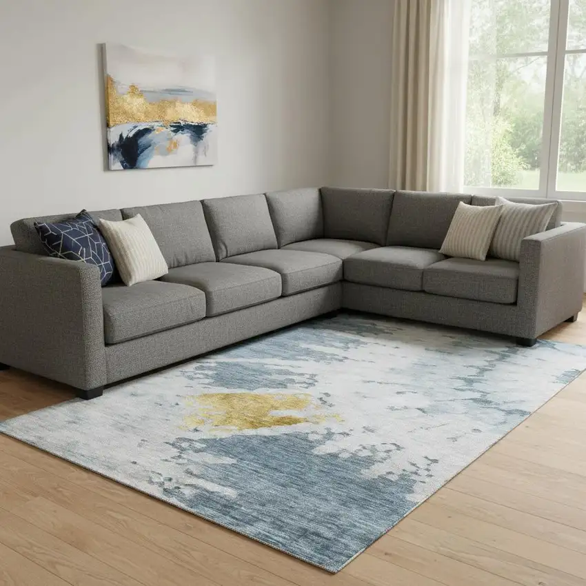 Blue Gold And Ivory Abstract Washable Area Rug With UV Protection Photo 1