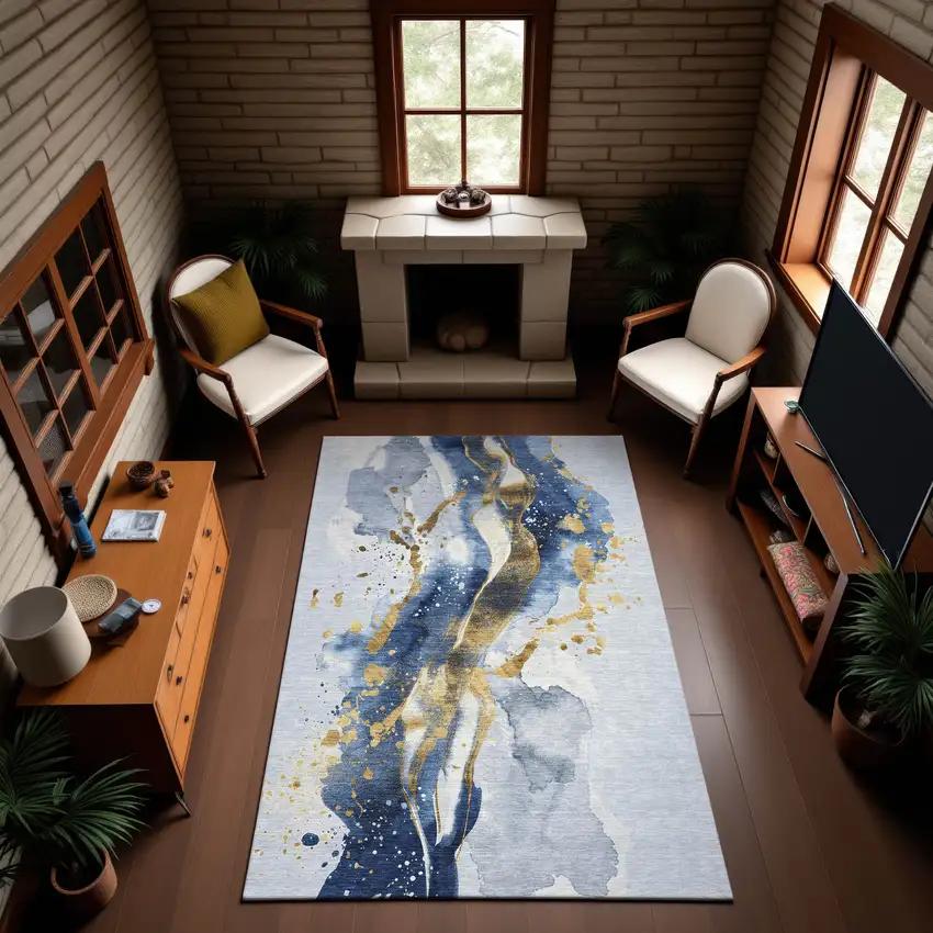Blue Gold And Ivory Abstract Washable Area Rug With UV Protection Photo 2
