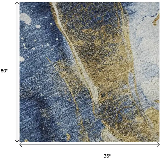 Blue Gold And Ivory Abstract Washable Area Rug With UV Protection Photo 8