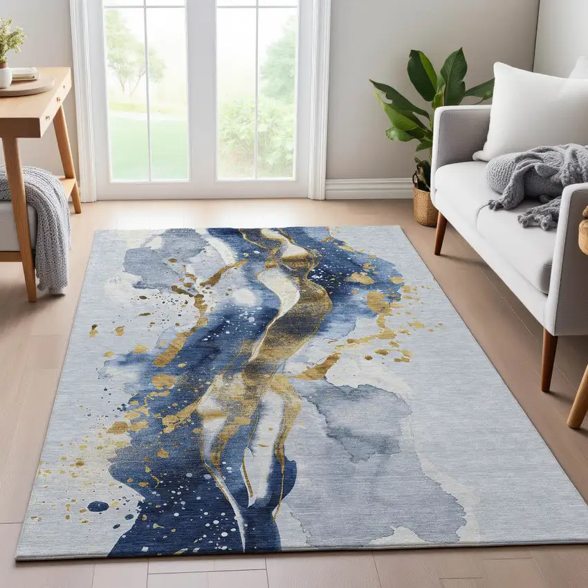 Blue Gold And Ivory Abstract Washable Area Rug With UV Protection Photo 4