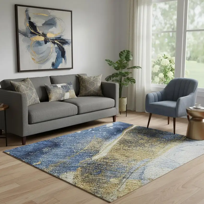 Blue Gold And Ivory Abstract Washable Area Rug With UV Protection Photo 2