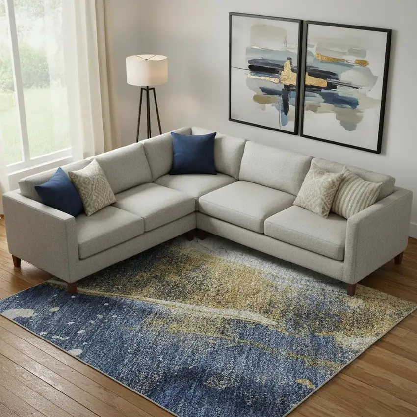 Blue Gold And Ivory Abstract Washable Area Rug With UV Protection Photo 2